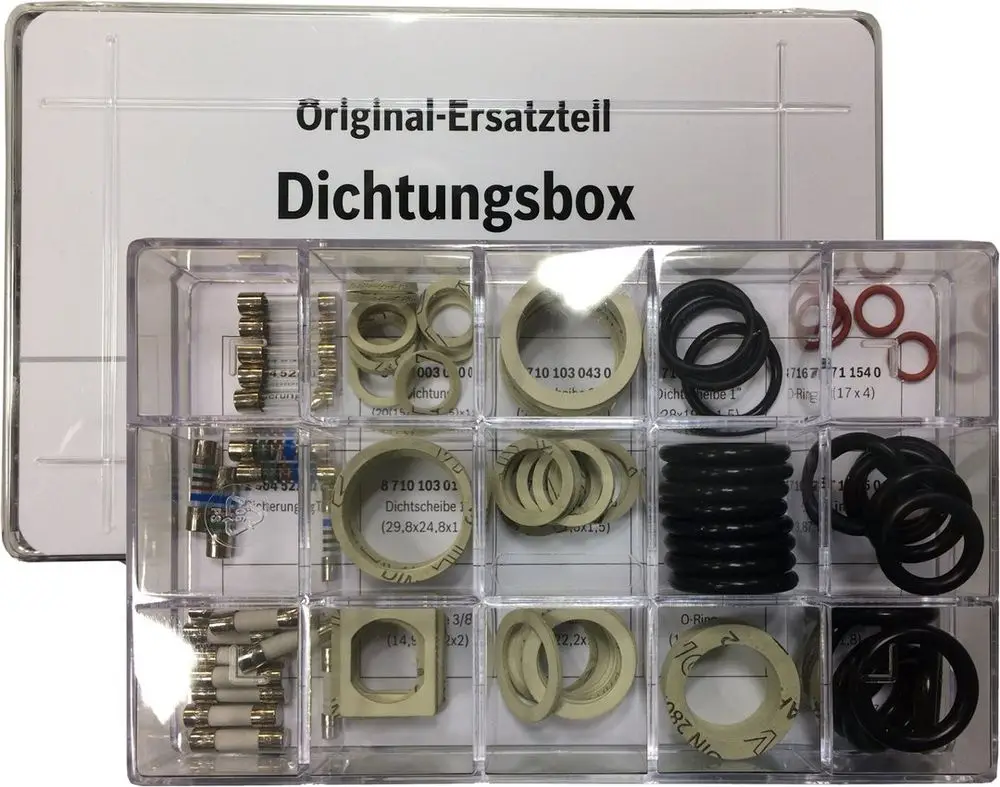 BOSCH Dichtungsbox mit verschiedenen Dichtungsringen und -scheiben in transparentem Kunststoffbehälter, organisiert in Fächern zur besseren Übersicht.